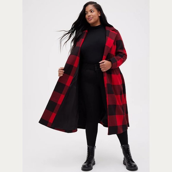 Torrid SELF-TIE FIT & FLARE LONGLINE COAT - STRETCH WOVEN PLAID RED Size… - Picture 4 of 5